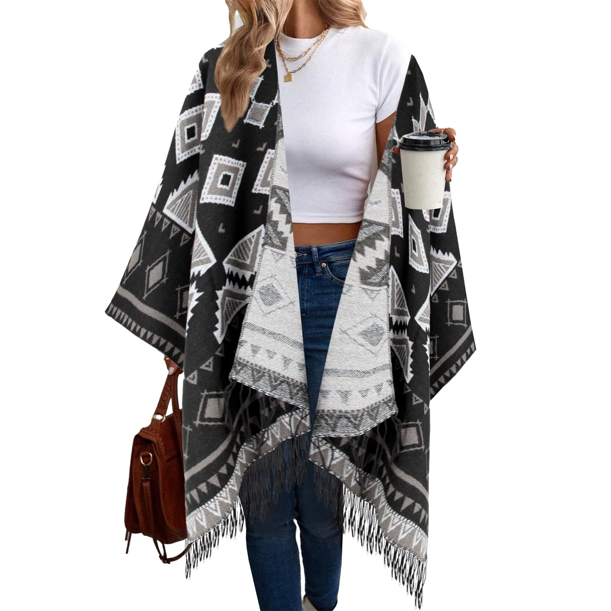5395 Women's Retro Style Poncho Cape Boho Shawl Wraps Ruana Printed Tassel